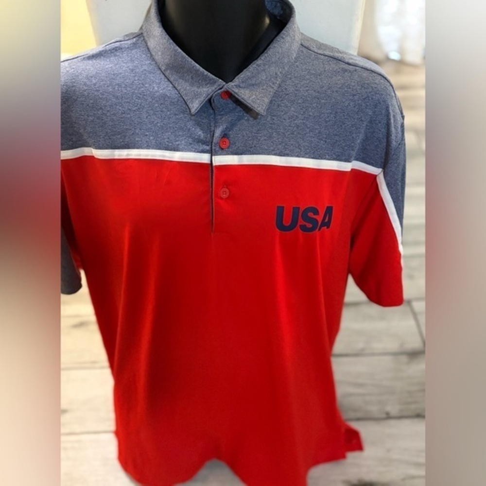 Men’s pre own used Adidas polo shirt USA red blue size XL